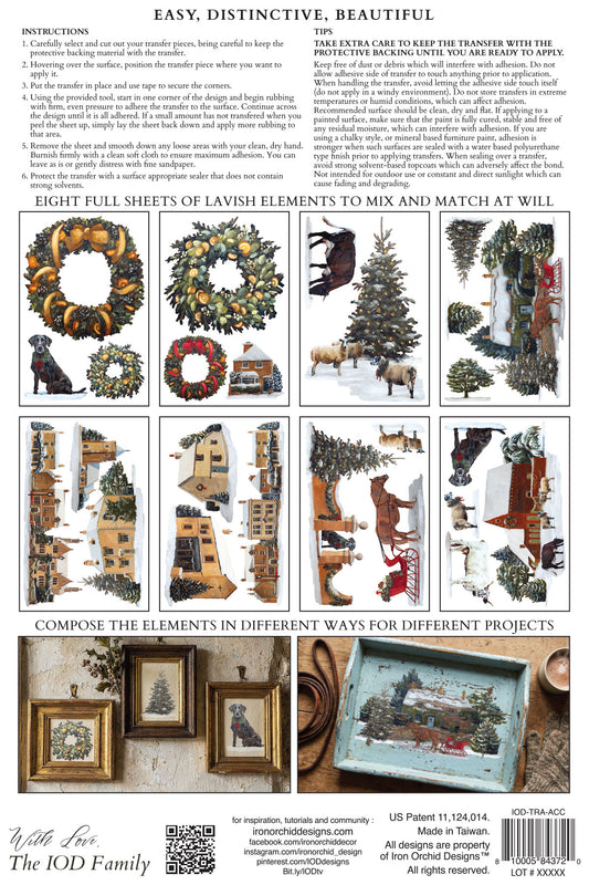 Back cover of a craft pattern booklet titled 'Easy, Distinctive, Beautiful' by The IOD Family, showing multiple holiday-themed design previews including wreaths, Christmas trees, rustic signs, and framed art, with instructions and a barcode at the bottom.