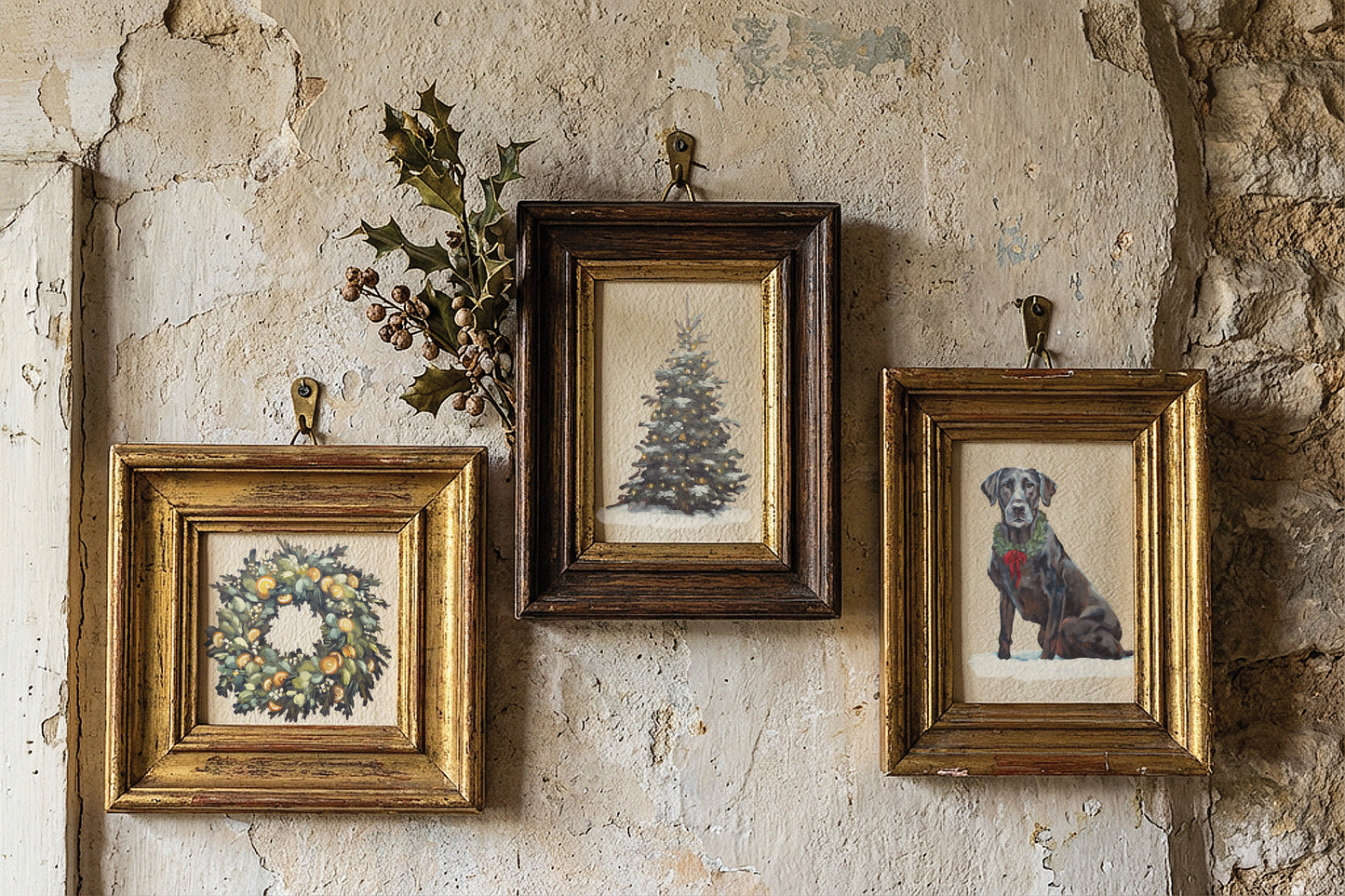 Three framed vintage-style art prints hanging on a textured, rustic plaster wall. The left frame is gold and depicts a floral wreath. From Iron Orchid Designs.