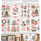 Instruction sheet for a Christmas-themed transfer, showing multiple sample stitched designs of trees, snowmen, houses, ornaments, and holiday scenes, along with written instructions and small framed preview examples. From Iron Orchid Designs.