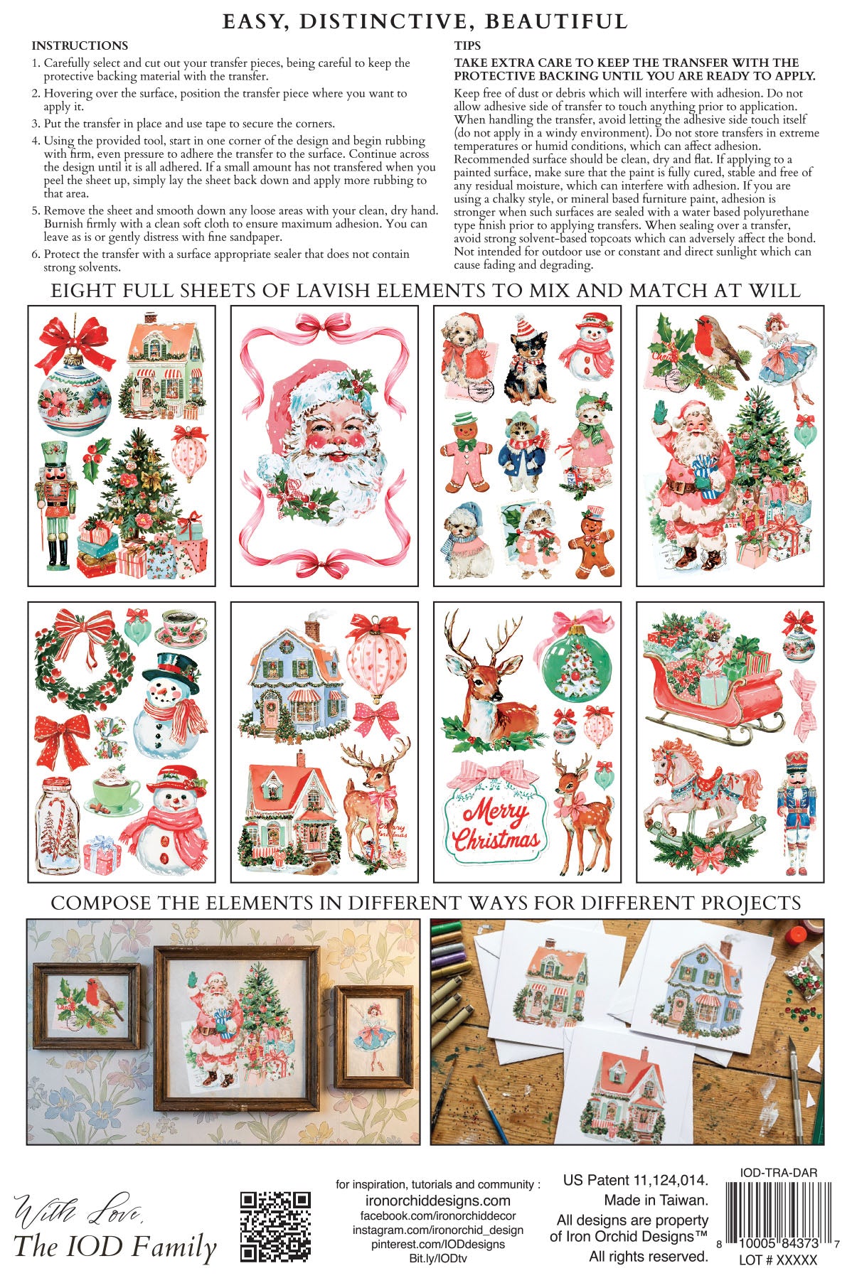 Instruction sheet for a Christmas-themed transfer, showing multiple sample stitched designs of trees, snowmen, houses, ornaments, and holiday scenes, along with written instructions and small framed preview examples. From Iron Orchid Designs.