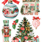 A collection of Christmas-themed clipart illustrations on a white background, including a large ornament with a red bow, a decorated house, a nutcracker, a Christmas tree with gifts, and a pink patterned hot air balloon. From Iron Orchid Designs.