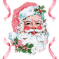 Vintage-style watercolor illustration of Santa Claus's smiling face framed by pink ribbon bows and holly accents on a white background. From Iron Orchid Designs.