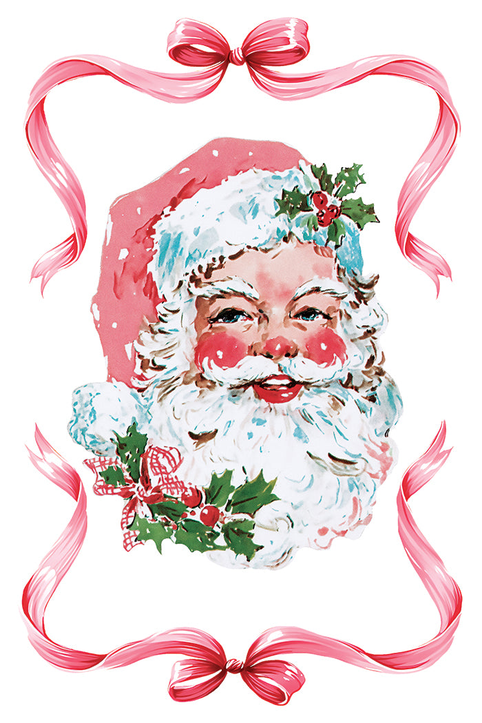 Vintage-style watercolor illustration of Santa Claus's smiling face framed by pink ribbon bows and holly accents on a white background. From Iron Orchid Designs.