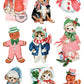 A sheet of vintage-style Christmas animal illustrations on a white background, featuring a puppy in a Santa hat and scarf, a black-and-tan dog with a red striped hat and scarf, a snowman in a red hat and scarf, a gingerbread man in a green hat and bow tie, a cat in a blue coat and red scarf, a cat in a pink winter outfit with holly, a fluffy white puppy in a blue hat and scarf, a cat in a pink hood with red trim, and a gingerbread man in a red hat and bow tie. From Iron Orchid Designs.