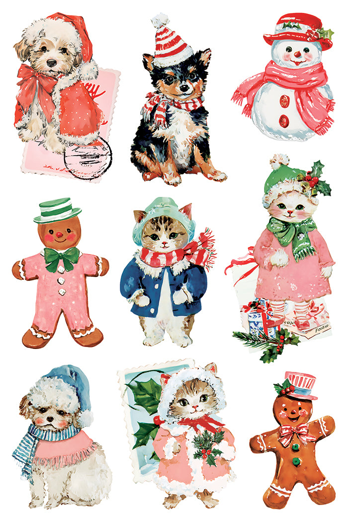 A sheet of vintage-style Christmas animal illustrations on a white background, featuring a puppy in a Santa hat and scarf, a black-and-tan dog with a red striped hat and scarf, a snowman in a red hat and scarf, a gingerbread man in a green hat and bow tie, a cat in a blue coat and red scarf, a cat in a pink winter outfit with holly, a fluffy white puppy in a blue hat and scarf, a cat in a pink hood with red trim, and a gingerbread man in a red hat and bow tie. From Iron Orchid Designs.