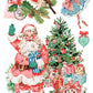 A collage of vintage Christmas illustrations on a white background, including Santa Claus waving, a robin bird with holly, a ballerina in a blue dress, a decorated Christmas tree, and wrapped presents. From Iron Orchid Designs.