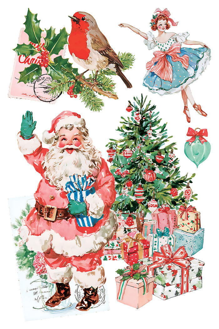 A collage of vintage Christmas illustrations on a white background, including Santa Claus waving, a robin bird with holly, a ballerina in a blue dress, a decorated Christmas tree, and wrapped presents. From Iron Orchid Designs.