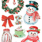 A collection of vintage festive Christmas watercolor illustrations on a white background, including a green wreath with red bows and berries, snowman figures in red scarves and hats, a red bow, a cup of tea, a mug of hot chocolate, a candy cane jar, and wrapped gift boxes. From Iron Orchid Designs.
