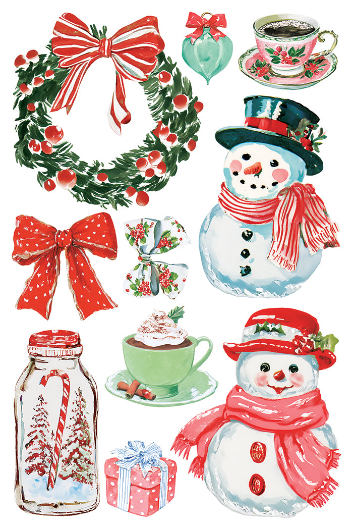 A collection of vintage festive Christmas watercolor illustrations on a white background, including a green wreath with red bows and berries, snowman figures in red scarves and hats, a red bow, a cup of tea, a mug of hot chocolate, a candy cane jar, and wrapped gift boxes. From Iron Orchid Designs.
