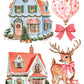 A set of Christmas-themed watercolor illustrations on a white background, including a decorated house, a pink ornament with red bow, a red bow, a Christmas house, and a deer with a pink bow and antlers. From Iron Orchid Designs.