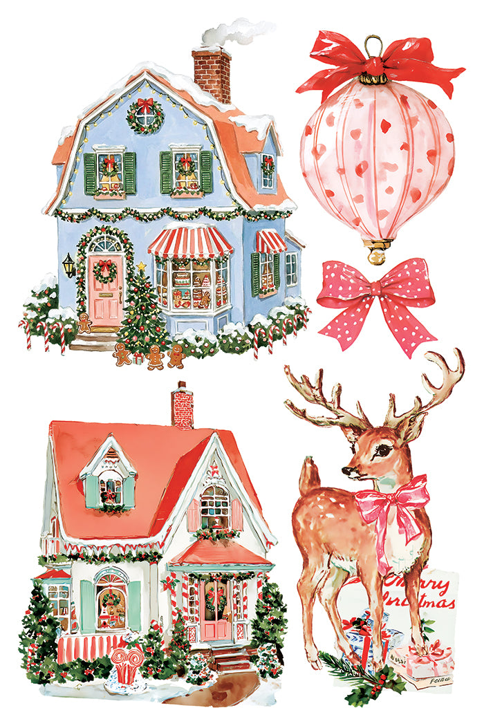 A set of Christmas-themed watercolor illustrations on a white background, including a decorated house, a pink ornament with red bow, a red bow, a Christmas house, and a deer with a pink bow and antlers. From Iron Orchid Designs.