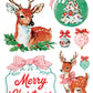 A festive Christmas watercolor illustration sheet featuring a deer with antlers, a green ornament with a decorated tree inside, smaller ornaments, a pink bow, and a 'Merry Christmas' sign on a white background. From Iron Orchid Designs.