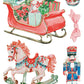 A watercolor-style holiday collage on a white background featuring a red sleigh filled with wrapped gifts, a pink rocking horse with green garland and pink bow, a blue-and-red nutcracker soldier, and a red ornament with a bow. From Iron Orchid Designs.