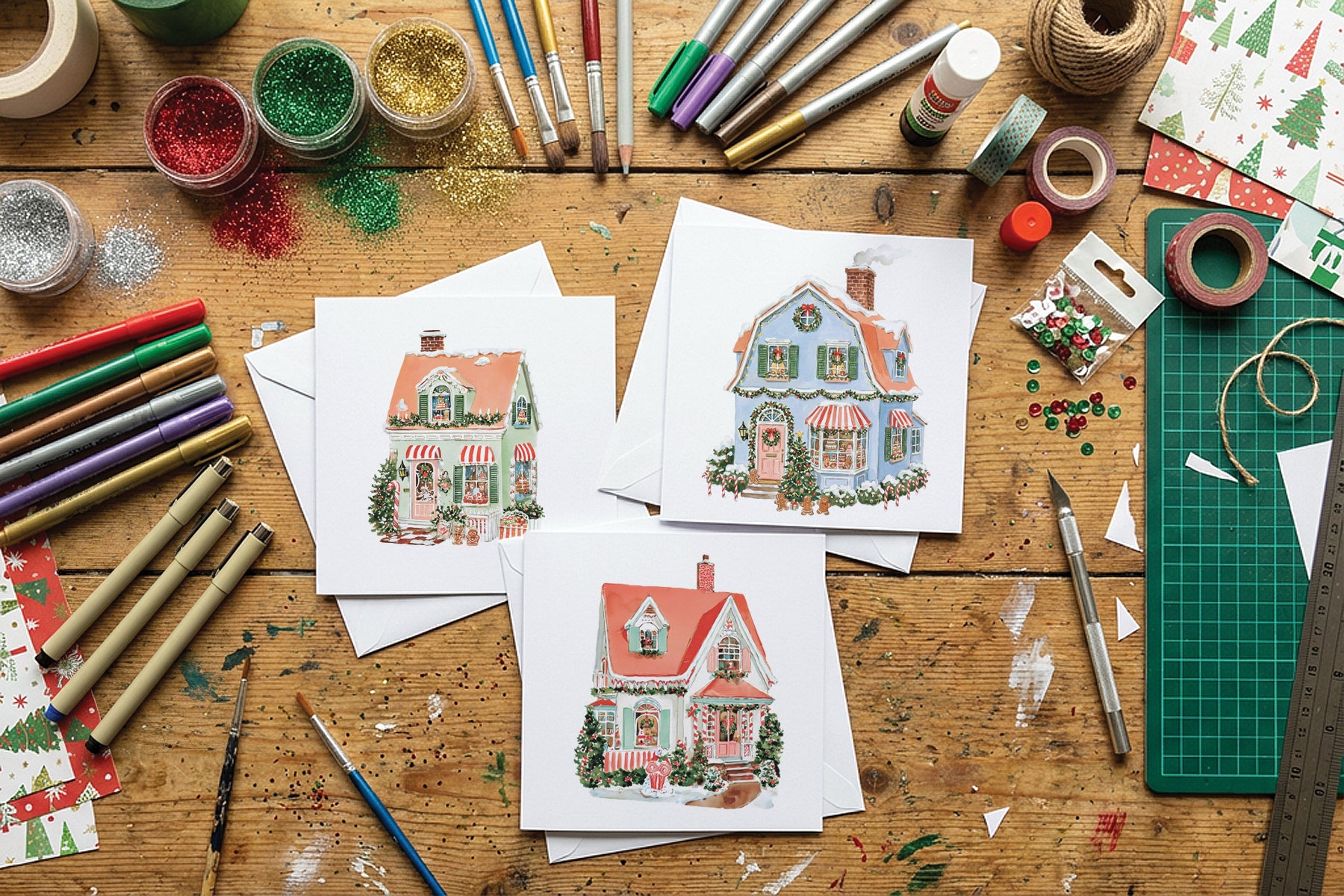 Three small illustrated Christmas house cards are arranged on a wooden craft table surrounded by art supplies, including paintbrushes, glitter, tape, markers, and a green cutting mat. From Iron Orchid Designs.