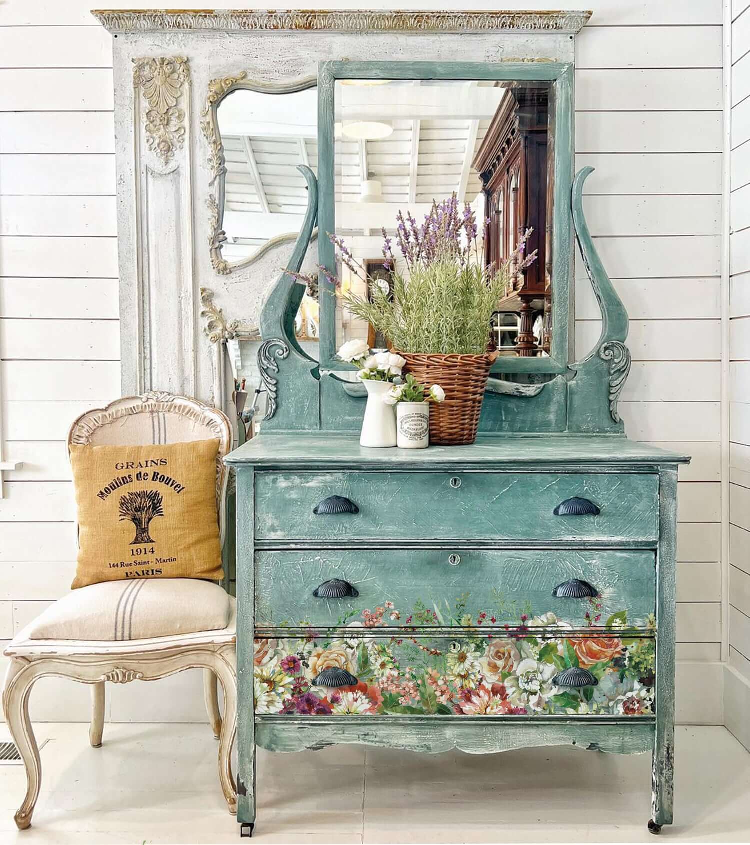 Pale blue chest of drawers decorated with iron Orchid Designs Elysium Floral Transfer