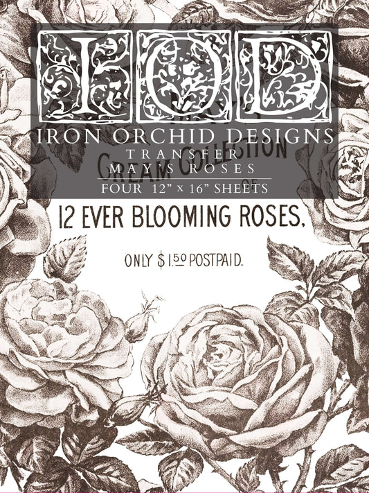 Subtle light brown roses on Iron Orchid Designs May's Roses Transfer front of packet