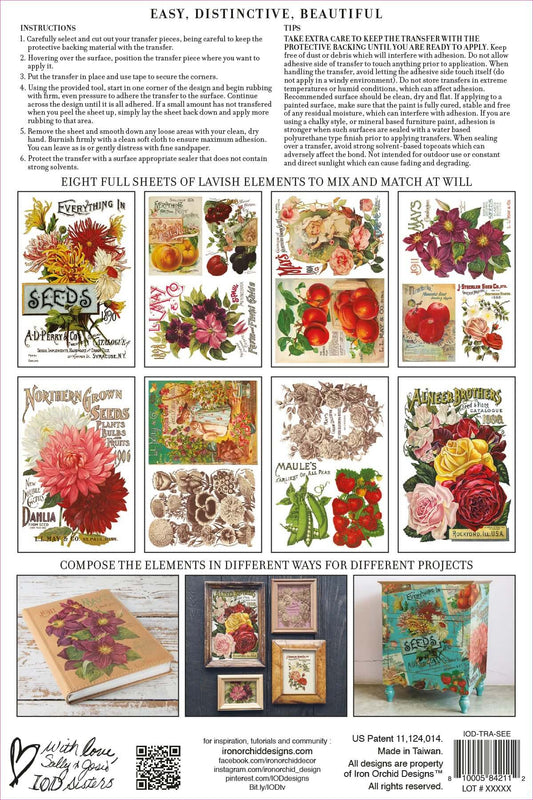 Brightly coloured seed packets on Iron Orchid Designs Seed Catalogue Transfer back of packet