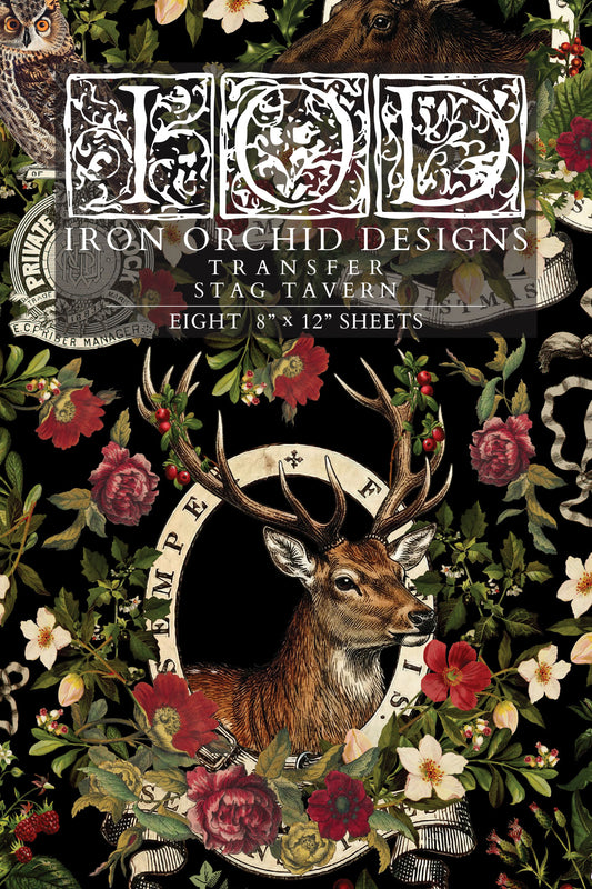Product cover for 'Iron Orchid Designs Transfer Stag Tavern' featuring an ornate white gothic logo at the top and a central stag illustration surrounded by red flowers and green foliage on a black background.	From Iron Orchid Designs.