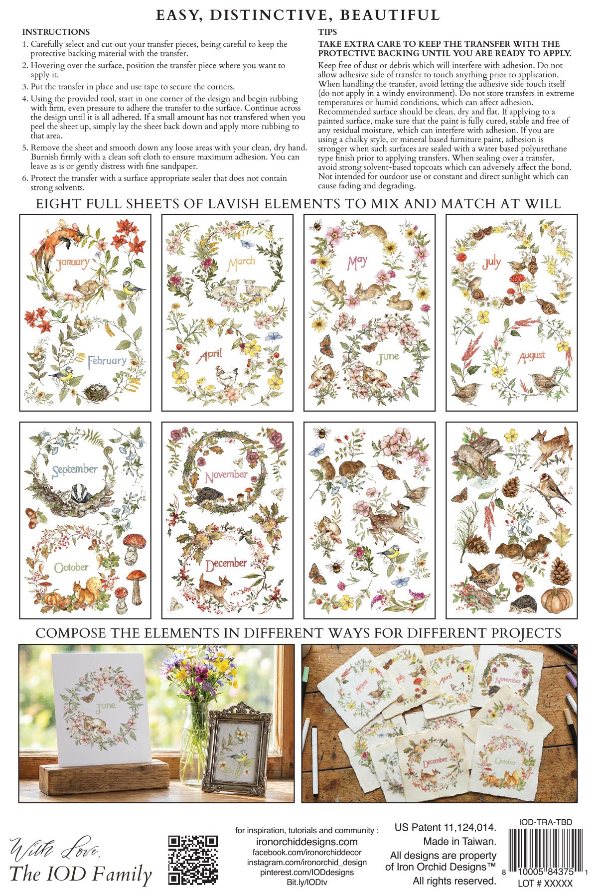 Instruction sheet for Lavish Elements cardstock by The IOD Family, showing a grid of floral and botanical card designs, a section with numbered usage tips, and example composite layouts on a white background.