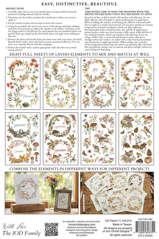 Instruction sheet for Lavish Elements cardstock by The IOD Family, showing a grid of floral and botanical card designs, a section with numbered usage tips, and example composite layouts on a white background.
