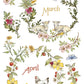 Vintage-style botanical calendar illustration showing floral wreaths with the months March and April, including sheep, a chicken, chicks, flowers, berries, and butterflies on a white background. From Iron Orchid Designs