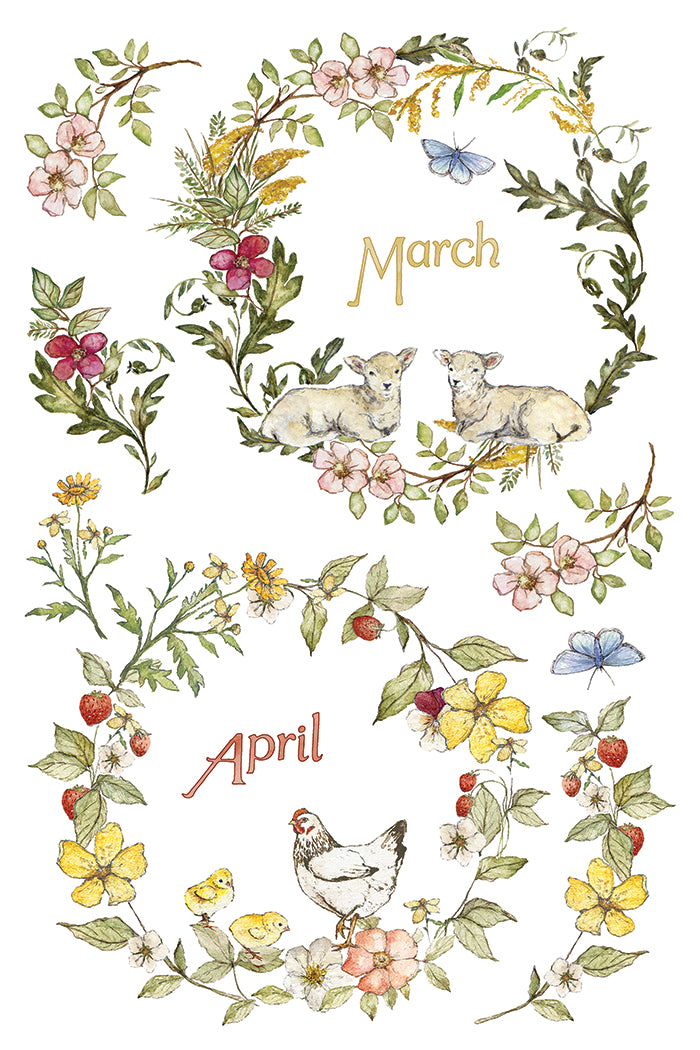 Vintage-style botanical calendar illustration showing floral wreaths with the months March and April, including sheep, a chicken, chicks, flowers, berries, and butterflies on a white background. From Iron Orchid Designs