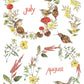 A botanical illustration on a white background showing floral wreaths and small birds, with the words 'July' and 'August' in coral script. The artwork includes yellow flowers, red-and-white mushrooms, green leaves, and brown snails. From Iron Orchid Designs