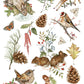 A sheet of watercolor-style nature illustrations on a white background, featuring a rabbit, deer, birds, pinecones, leaves, berries, acorns, and a hedgehFrom Iron Orchid Designsog. 