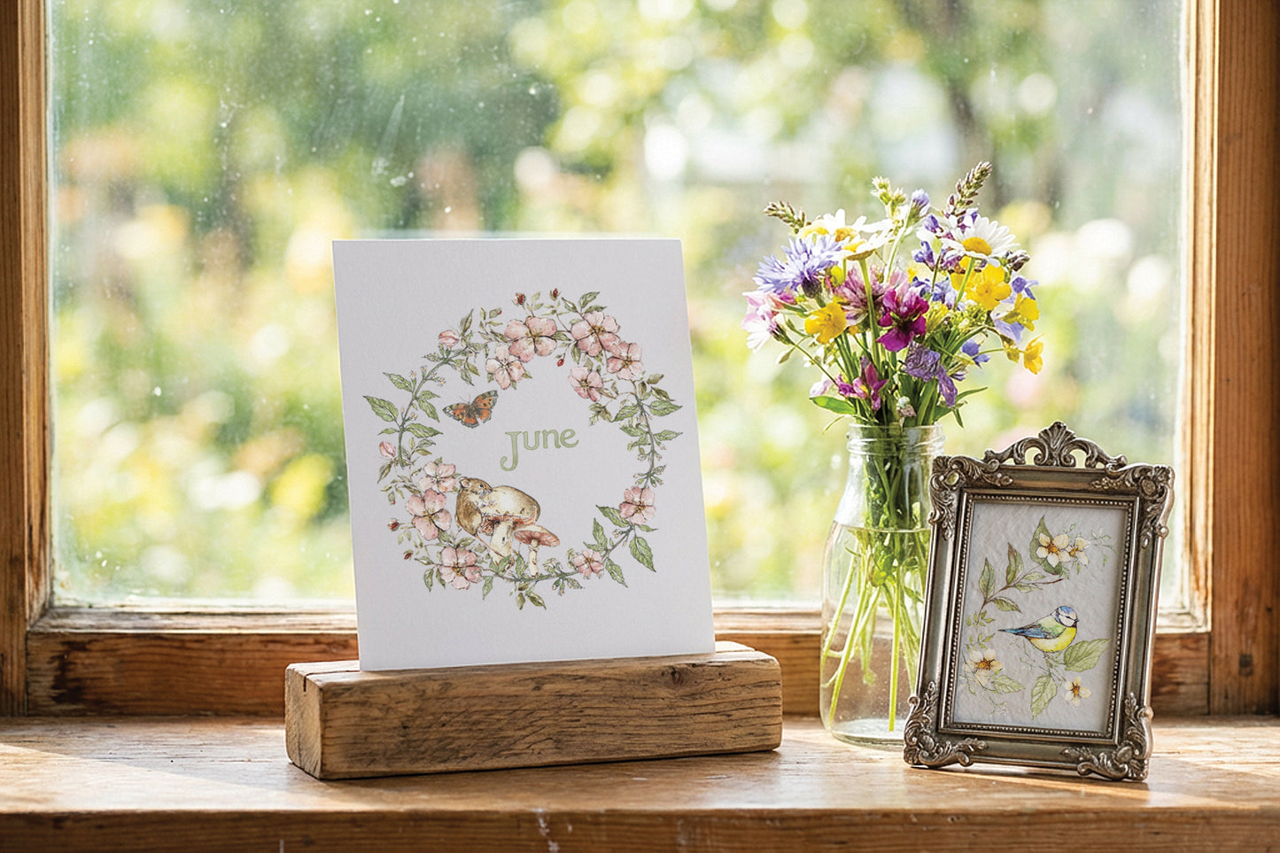 A white art print card featuring a floral wreath and the word 'June' in the center, displayed on a rustic wooden block on a windowsill. Next to it is a small ornate silver picture frame and a glass jar filled with colorful wildflowers, all set against a soft, blurred green garden background. From Iron Orchid Designs