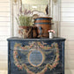 Dark blue painted elegant chest of drawers decorated with Iron Orchid Designs The Botanist Transfer 