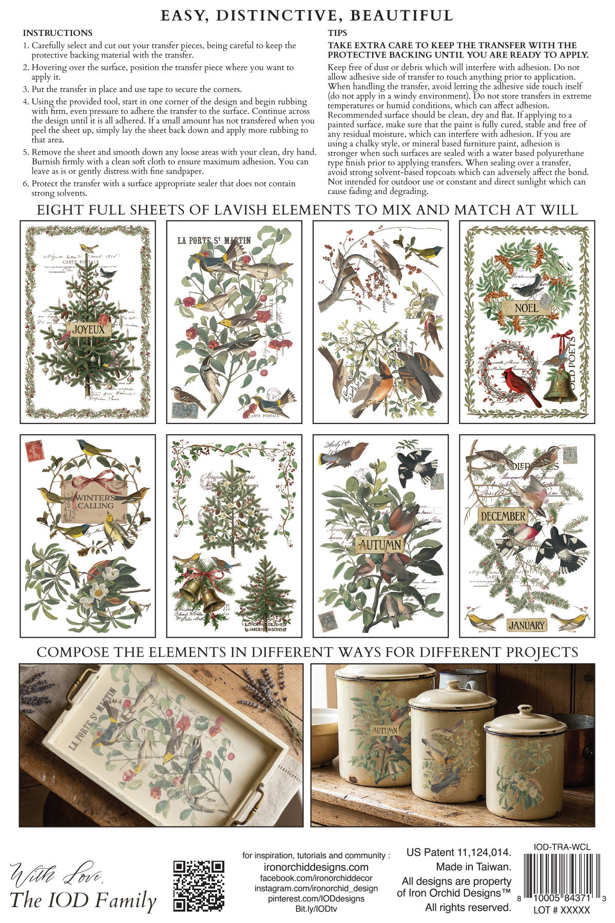 A printed instruction sheet for a decorative craft  showing illustrated vintage botanical and bird designs, a large instruction text block at the top, and small example composited panels at the From Iron Orchid Designs.
