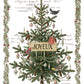 A vintage-style Christmas art print featuring a decorated evergreen tree with ornaments, birds, handwritten script, and a central 'JOYEUX' label, surrounded by a wreath border on a white background. From Iron Orchid Designs