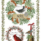 A vintage-style Christmas art print featuring two wreaths with birds, a green leaf border, a hanging brass bell with a red ribbon, cursive script, and the word 'NOEL' on a wooden plaque. From Iron Orchid Designs