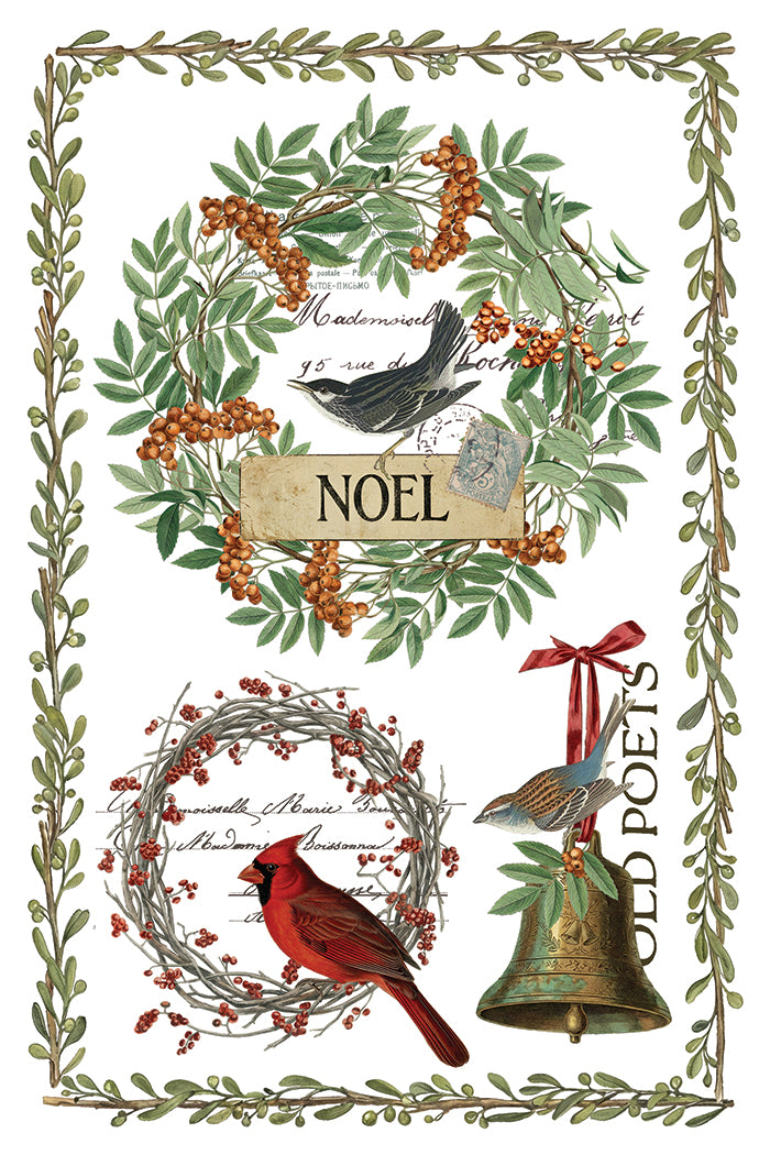 A vintage-style Christmas art print featuring two wreaths with birds, a green leaf border, a hanging brass bell with a red ribbon, cursive script, and the word 'NOEL' on a wooden plaque. From Iron Orchid Designs
