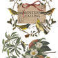 Vintage-style winter illustration with the words “WINTER’S CALLING” centered on a kraft-paper card image, surrounded by a wreath of leaves and birds. Additional illustrated branches with green leaves, white flowers, and small birds appear below, and a red postage stamp is shown in the upper left on a white background. From Iron Orchid Designs