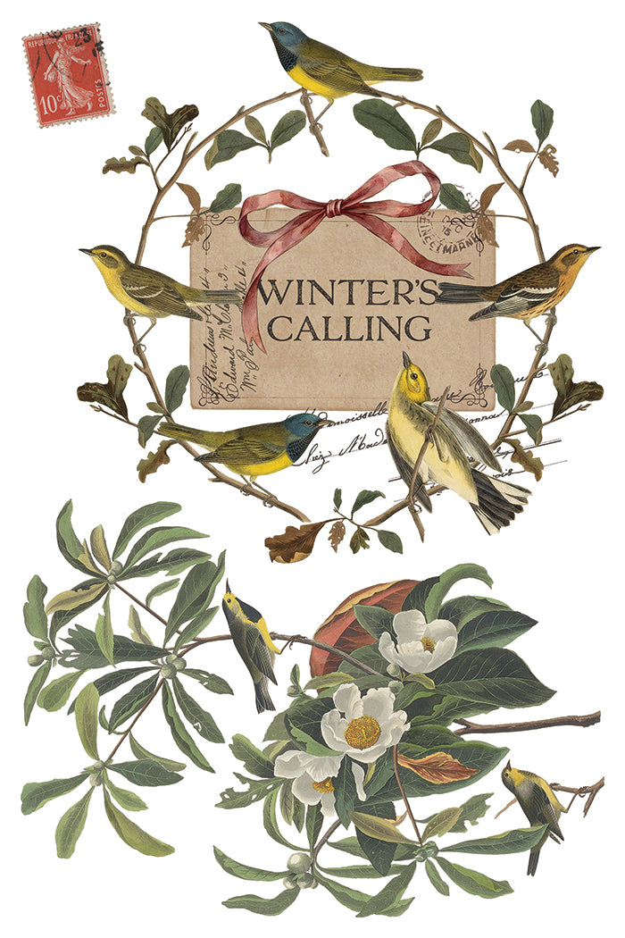 Vintage-style winter illustration with the words “WINTER’S CALLING” centered on a kraft-paper card image, surrounded by a wreath of leaves and birds. Additional illustrated branches with green leaves, white flowers, and small birds appear below, and a red postage stamp is shown in the upper left on a white background. From Iron Orchid Designs