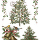 A vintage-style Christmas illustration sheet featuring two evergreen trees, two birds, two brass bells with a red ribbon, holly leaves, berries, and a decorative border of branches and leaves on a white background with cursive text. From Iron Orchid Designs