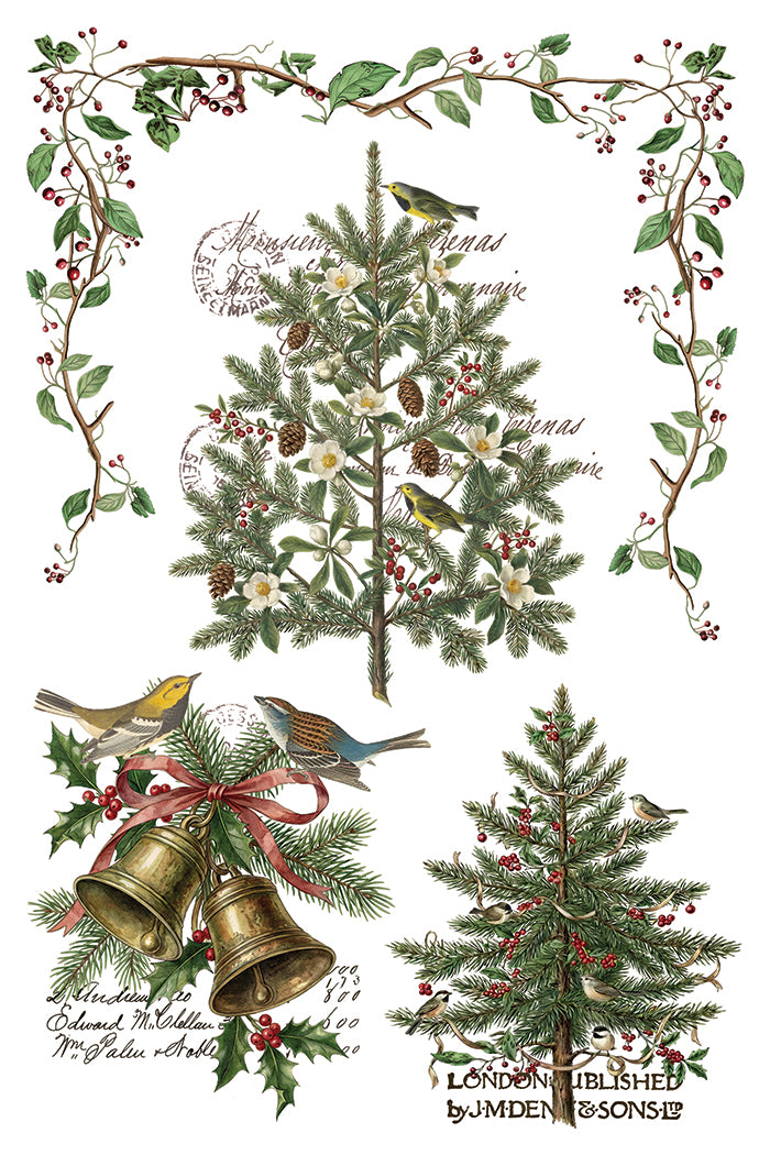 A vintage-style Christmas illustration sheet featuring two evergreen trees, two birds, two brass bells with a red ribbon, holly leaves, berries, and a decorative border of branches and leaves on a white background with cursive text. From Iron Orchid Designs