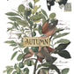 Vintage-style autumn bird illustration print featuring several brown and black birds perched among green leaves on a tree, with a central wooden sign reading "AUTUMN" and faint handwritten script in the background. From Iron Orchid Designs