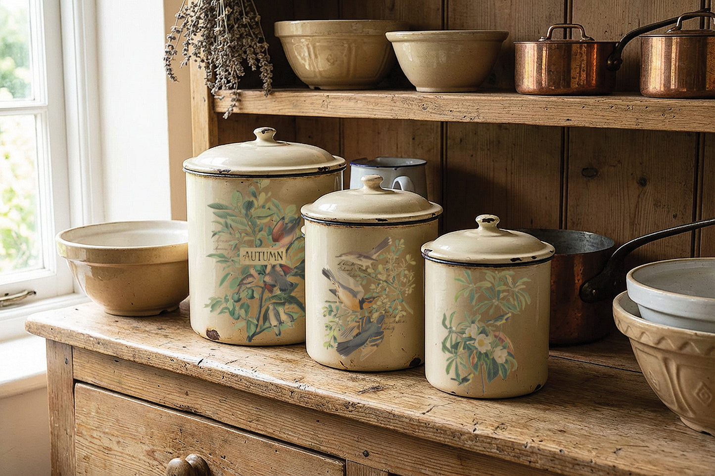 Three vintage cream enamel canisters with lid lids decorated with botanical and bird illustrations, displayed on a rustic wooden kitchen cabinet alongside matching bowls and copper pots. From Iron Orchid Designs