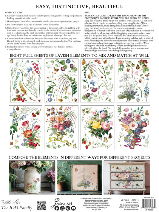 Sheet of floral and nature-themed designs with instructions and examples on how to use them from Iron Orchid Designs Marche des Fleurs