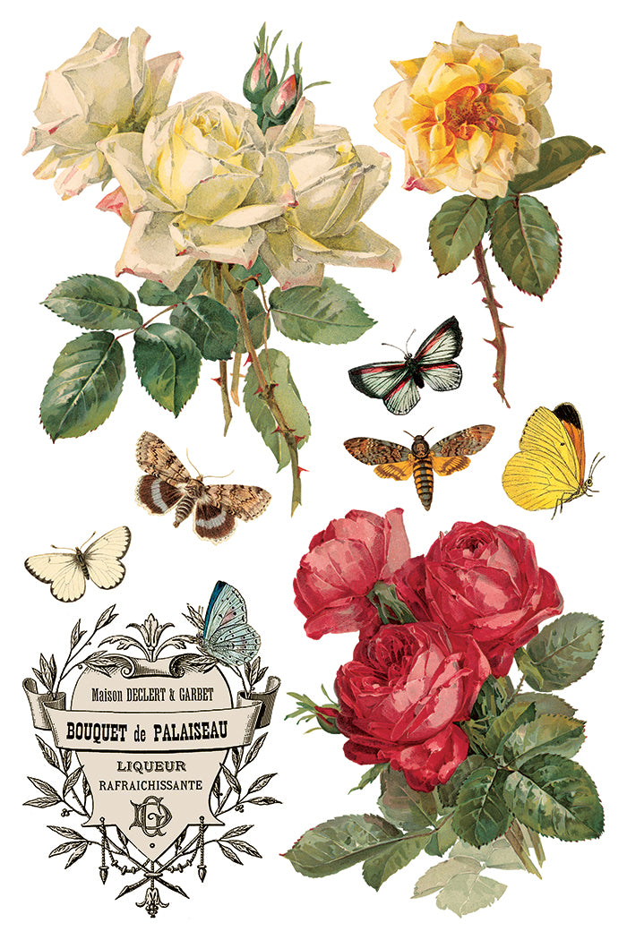 Vintage-style illustration of roses and butterflies with a decorative label by Iron Orchid Designs