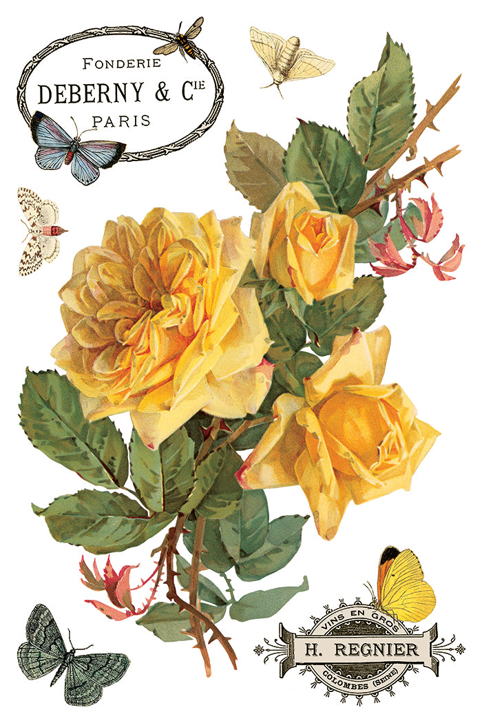 Vintage-style illustration of yellow roses with green leaves and butterflies, featuring Fonderie Debernay & Cie Paris labels by Iron Orchid Designs