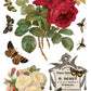 Vintage-style illustration of red roses, green leaves, and butterflies with a decorative label on a white background by Iron Orchid Designs