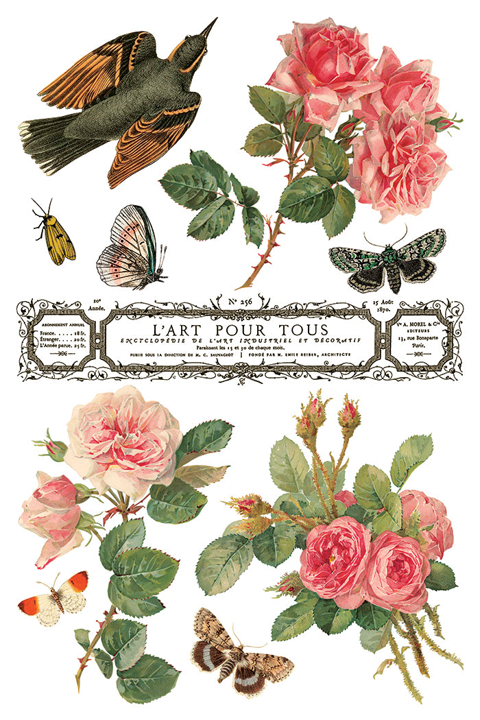 Illustration of birds, butterflies, and pink roses with 'L'Art Pour Tous' text by Iron Orchid Designs