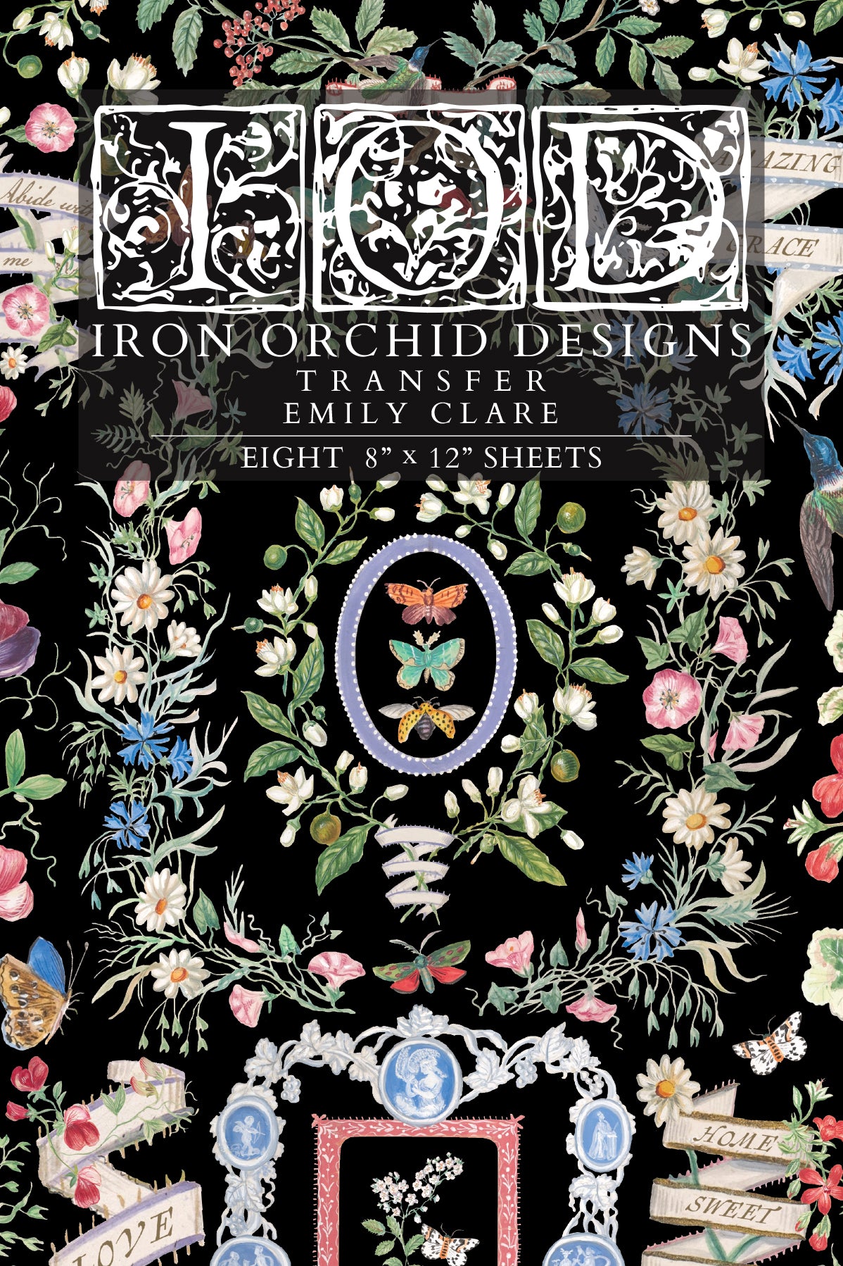 Iron Orchid Designs transfer packaging with floral and decorative design on a black background