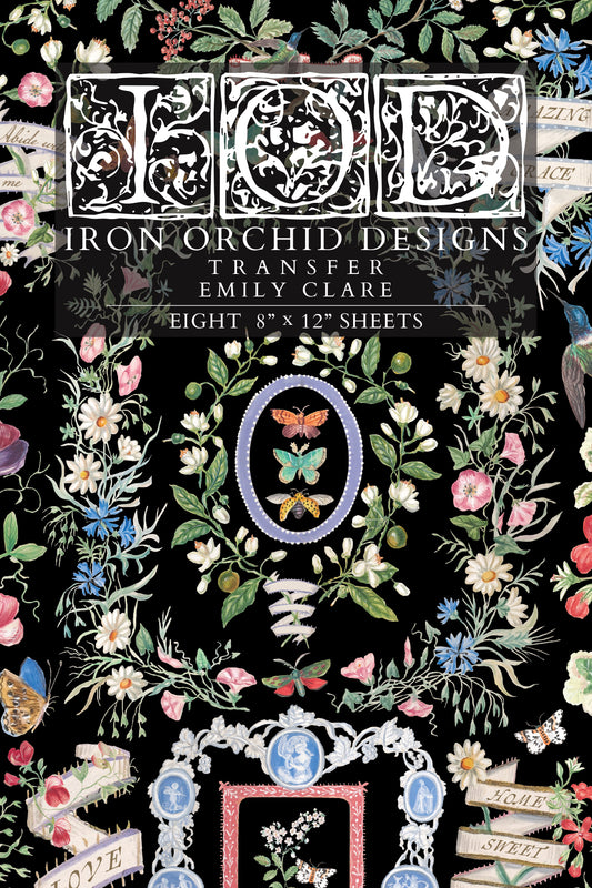 Iron Orchid Designs transfer packaging with floral and decorative design on a black background