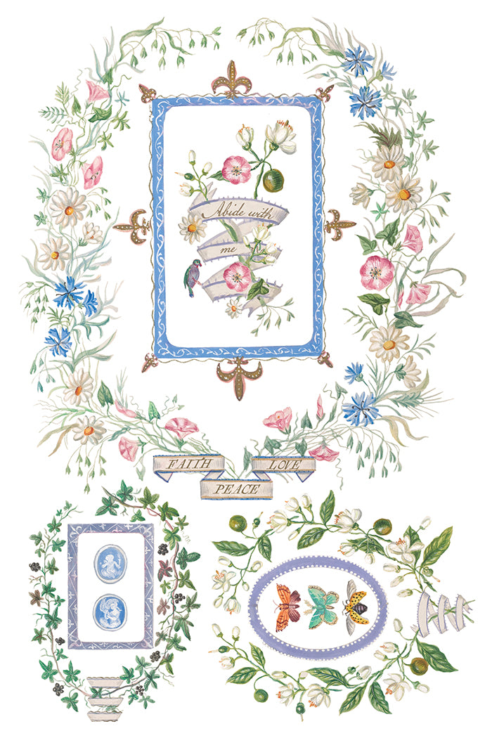 Decorative design with floral elements, frames, and text on a white background by Iron Orchid Designs
