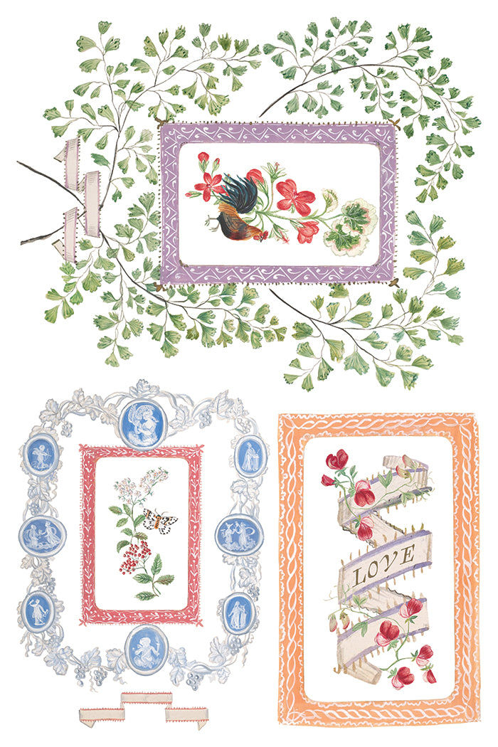 Decorative frames with floral and botanical designs on a white background by Iron Orchid Designs