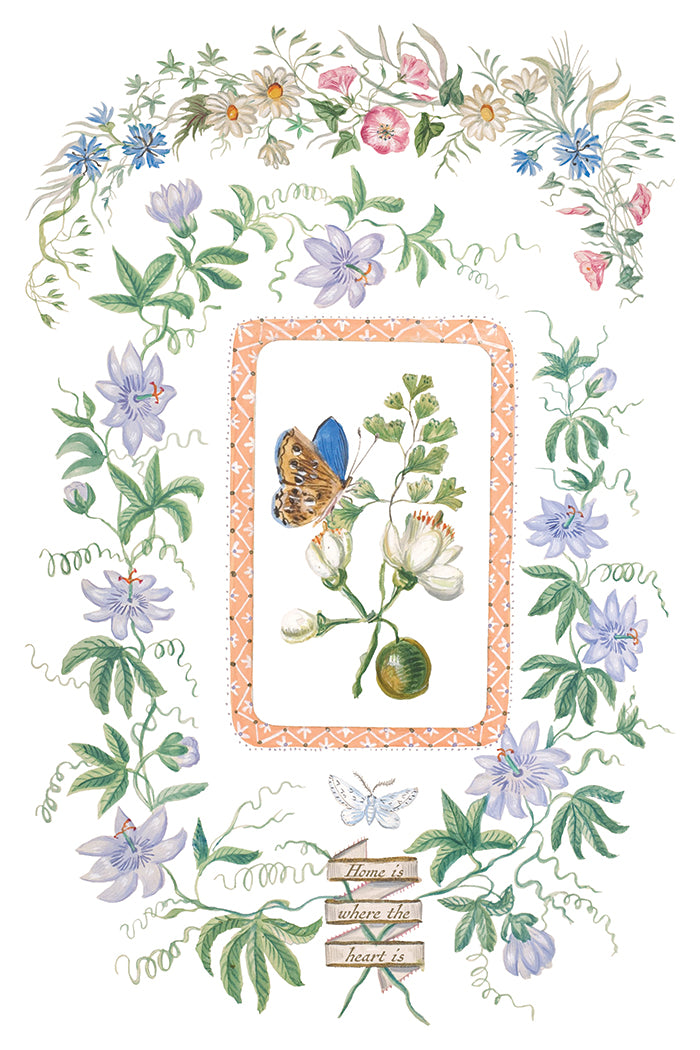 Decorative floral border with a butterfly and text on a white background by Iron Orchid Designs